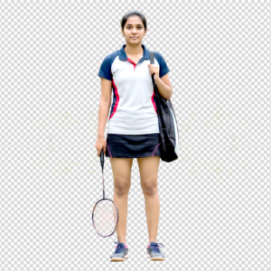 Young Indian female badminton player standing confidently in sports uniform, holding a racket and a kit bag on a transparent background