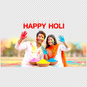 Realistic Indian man and woman celebrating Holi festival, raising colorful hands with three bowls of gulal powder and Happy Holi banner on transparent background