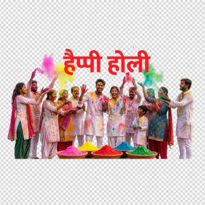 Realistic large Indian family and friends playing Holi, throwing colorful gulal powder on a white background, with colorful bowls in front and Happy Holi written in Hindi.