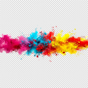 A stunning explosion and color splash of Holi Gulal (powder) with pink, cyan, red and yellow colors on a white background.