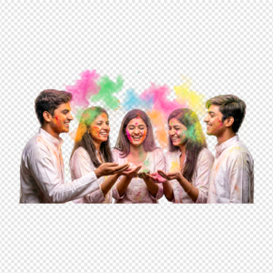 Group of happy Indian friends celebrating Holi festival with colorful gulal on white background