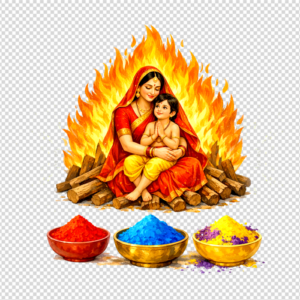 Realistic Happy Holi greeting card featuring Holika and Prahlad sitting on a wooden pyre with bright orange flames and colorful Holi powder bowls in the foreground on a soft grey background.