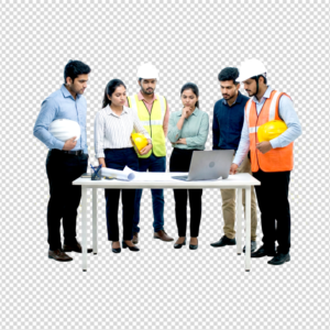 Group of young Indian civil engineers and architects wearing safety helmets and reflective vests, discussing project blueprints and working on a laptop against a clean white background.