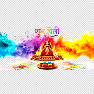 Holika Dahan scene of Holika and devotee Prahlad on a white background, with splashes of coloured gulal flying in the background, colours in earthen bowls in the front and the text 'Shubh Holi' written above.