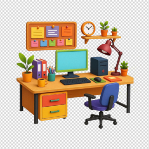 3D Isometric Office Workspace with Desktop, Desk Lamp, and Plants