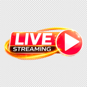 3D glowing red and gold live streaming badge icon with a white play button