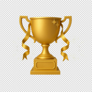 A shiny, realistic 3D gold champion trophy cup on a pedestal, adorned with elegant golden ribbons