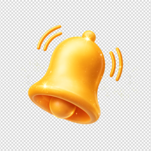 Shiny 3D golden notification bell icon with ringing sound waves and sparkles on a transparent background for UI and web design.