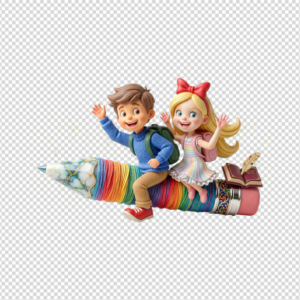 A cute 3D cartoon boy and girl smiling and waving happily while riding a giant, colorful, textured pencil