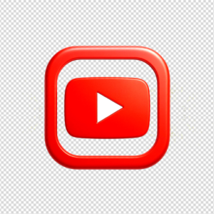 High-quality 3D red YouTube play button logo with a modern rounded frame and transparent background for video editing and web design.
