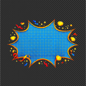 Vibrant blue halftone comic burst with gold coins and confetti