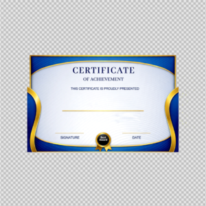 Elegant diploma certificate with blue and gold design isolated on white.