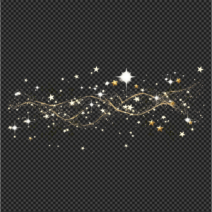 A detailed, realistic cascade of gold stars and brilliant cross-flare starbursts, woven between organic, gold-dusted cosmic filament tendrils, all on a perfectly transparent background. Micro-glitter bokeh dust is interspersed throughout.