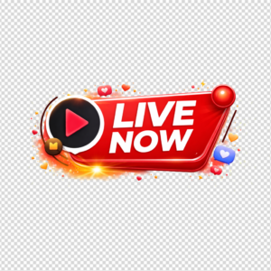 Red 3D Live Now Button PNG with Play Icon and Glow
