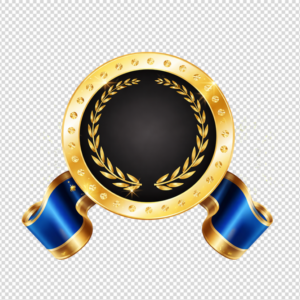 Blue and gold premium award medal with ribbon isolated on white background.