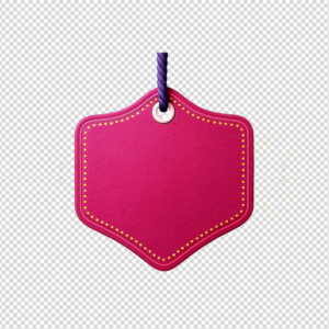Pink textured hexagonal tag with yellow stitching and rope