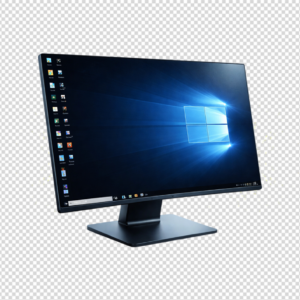 Modern widescreen computer monitor with glowing display isolated on white.