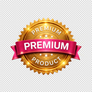 A shiny 3D golden seal with a pink ribbon featuring 'Premium Product' text and sparkles.
