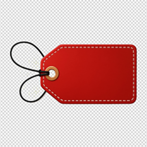 A high-quality, realistic blank red rectangular price label featuring a white stitched border, a copper eyelet, and a black string loop on a transparent background.