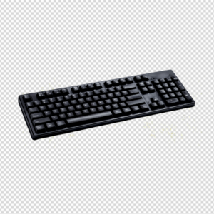 Black full-size computer keyboard isolated on white background.