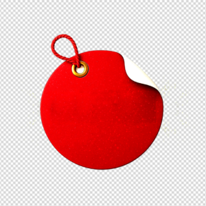 Red circular price tag sticker with a white curled edge