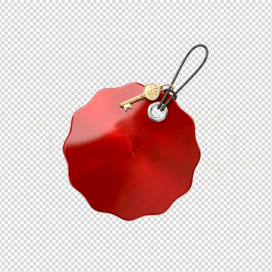 A realistic 3D render of a glossy red, scalloped circular discount tag, featuring integrated silver text and a percentage symbol, a dark string, and a small gold key charm, on a solid white background.