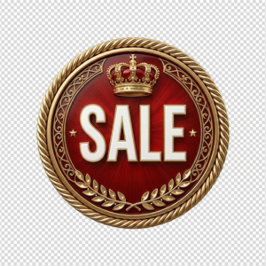A high-gloss red enamel and gold metallic shield-shaped sale badge PNG, isolated on a transparent background, featuring bold white text saying '20% OFF', with an integrated gold crown and stars accents.