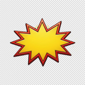 A vibrant yellow cartoon-style sale badge PNG featuring a thick red jagged border, comic book halftone dots, and dynamic popping effects on a transparent background.