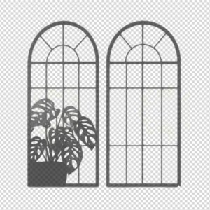 Realistic aesthetic arched window frame shadow overlay with tropical monstera plant leaves on a transparent background.