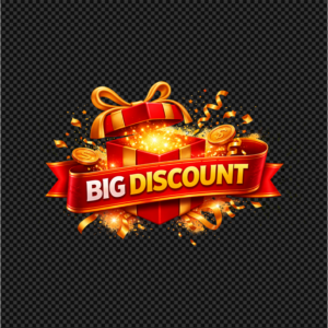 A 3D red gift box opening with a gold ribbon, sparkles, and a 'Big Discount' banner.