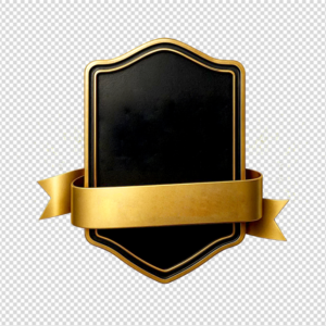 Blank black Friday sale badge shield with luxury gold border and gold ribbon on a transparent background