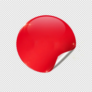 A glossy red circular sticker with a peeled corner and sparkles on a transparent background.