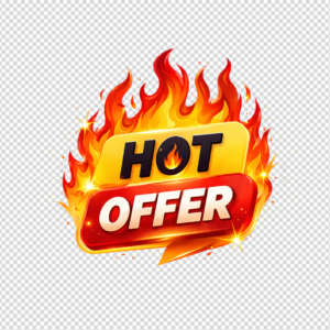Hot Offer text on a red banner surrounded by realistic orange flames.