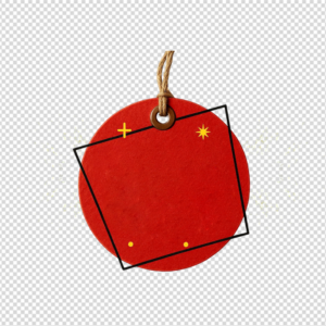 Blank red circular clearance sale tag with string and geometric pattern on a transparent background
