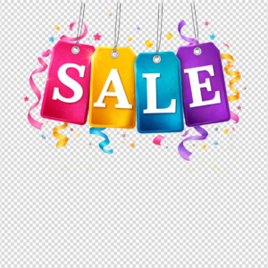 Bright colorful sale tags with hanging labels and confetti isolated on transparent background.