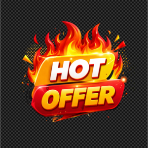 Modern 3D Hot Offer badge with stylized flames and halftone dots.