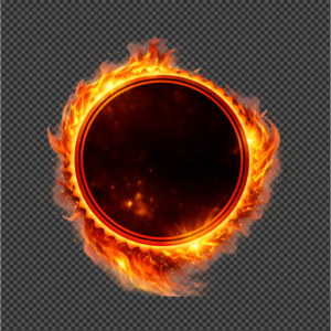 Circular badge frame surrounded by realistic fire flames effect