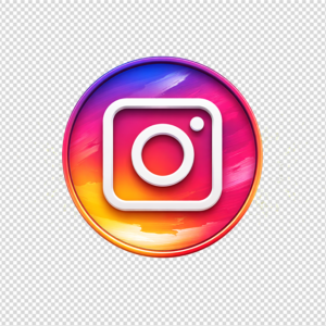 A colorful, painted-style Instagram logo inside a circular frame.