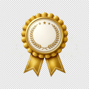 Blank gold premium quality award badge with ribbons, stars, and laurel wreath on a transparent background