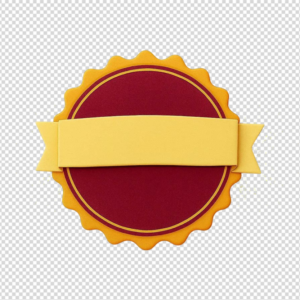 Gold and red circular badge with ribbon banner isolated on background