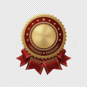 Elegant gold and red 3D premium quality award badge with stars and silk ribbons