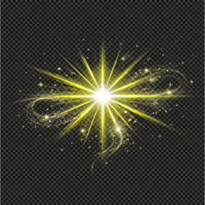 Bright golden light burst with glowing rays and spark particles isolated on transparent background.