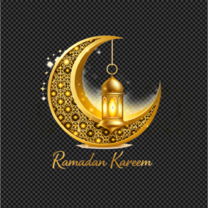 A detailed golden crescent moon with Islamic patterns and a hanging lantern.