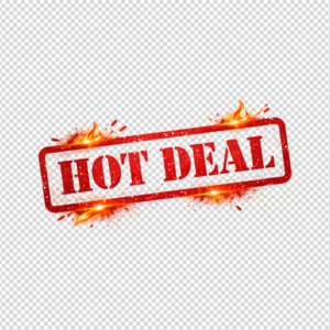 A distressed red rectangular 'Hot Deal' stamp with fire sparks