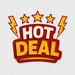 A retro-style 'Hot Deal' graphic with yellow text, stars, and lightning bolts