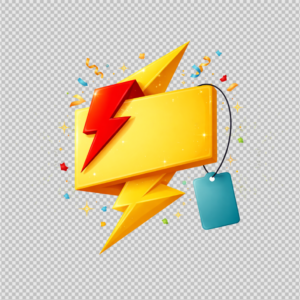 Bright yellow and red flash sale badge with lightning bolt and confetti.