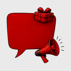 A red empty speech bubble with a megaphone and a red gift box