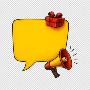 A yellow empty speech bubble with a megaphone and a red gift box