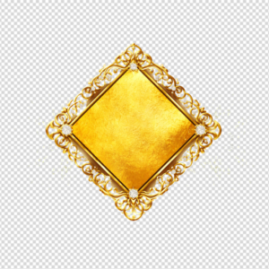 Ornate gold diamond-shaped frame with diamonds and luxury engraving.