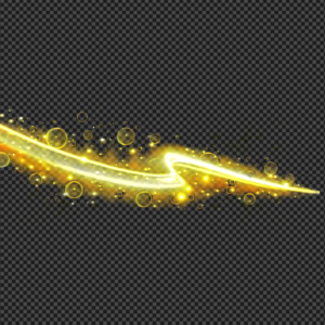 Flowing golden light streak with glowing bubbles and bokeh particles.